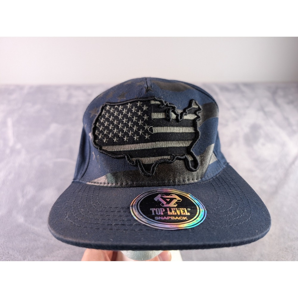 Top Level USA Map Flag Snapback Hat Navy Blue Cotton Flat Brim Adjustable Cap